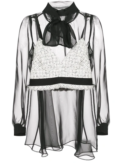 Sacai Sheer Blouse With Tweed Bra In Black