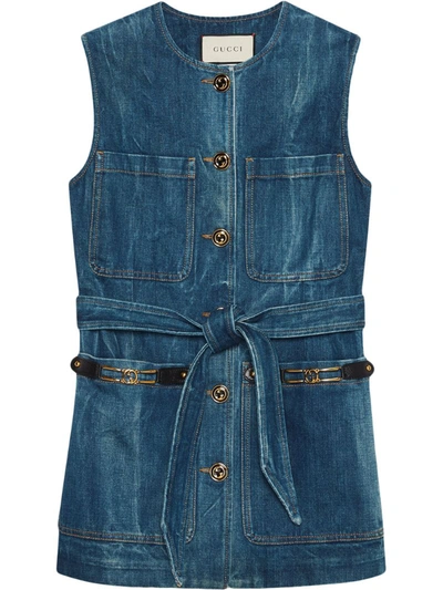 Gucci Marble Washed Denim Waistcoat In Blue