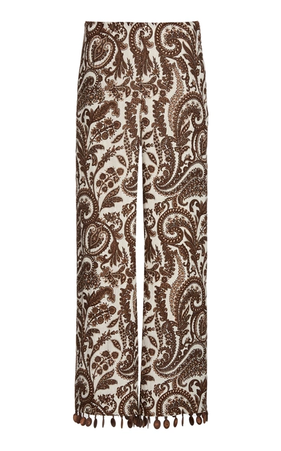 Rosie Assoulin Printed Fringed Linen Straight-leg Pants In Brown & Natural