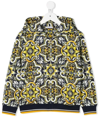 Dolce & Gabbana Kids' Maiolica Print Full-zipped Hoodie In Multicolor