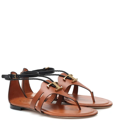 Tod's T Leather Thong Sandals In Brown