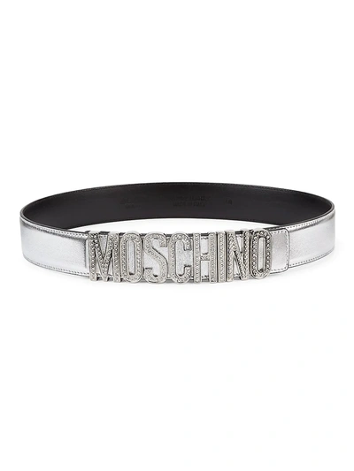 Moschino Crystal-embellished Logo Metallic Leather Belt In Nichel Metal