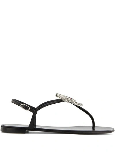 Giuseppe Zanotti Flat Thong Sandals With Crystal Flower In Black