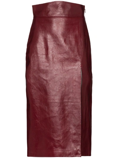 Gucci Front Slit Leather Pencil Skirt In Red