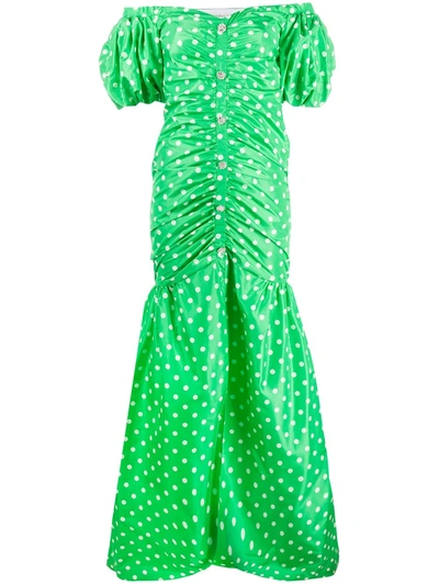 Alessandra Rich Off-the-shoulder Polka-dot Silk Gown In Green