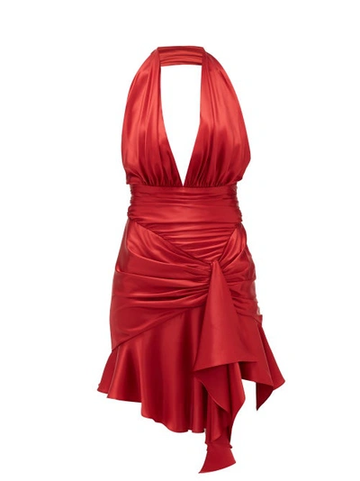 Alexandre Vauthier Ruched Stretch-silk Satin Halterneck Mini Dress In Burgundy