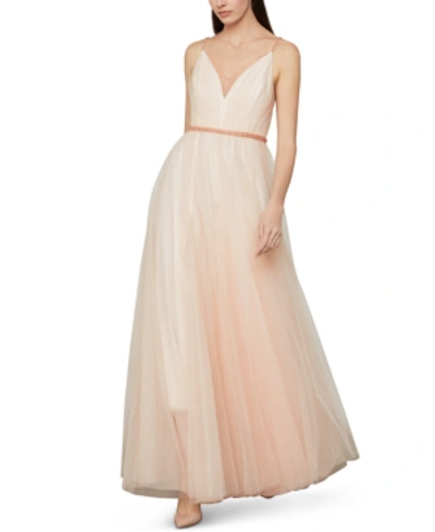 Bcbgmaxazria Beaded-waist Tulle Gown In Almond Pink