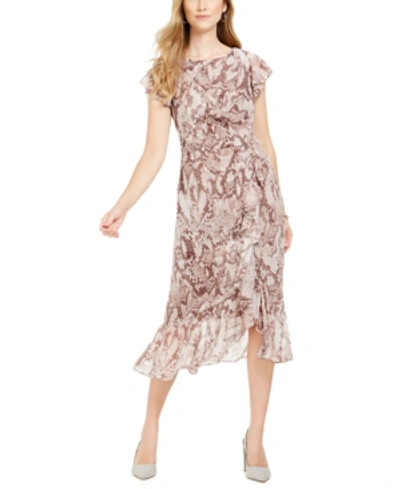 Vince Camuto Ruffled Snake-embossed Midi Dress In Brown Multi