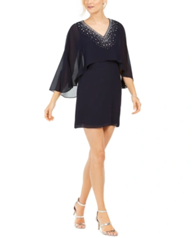 Vince Camuto Petite Beaded Cape-overlay Sheath Dress In Navy Blue
