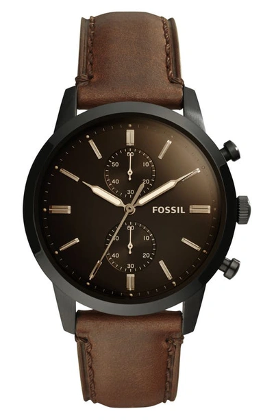 Fossil Men's Chronograph Townsman Brown Leather Strap Watch 44mm In Black/brown