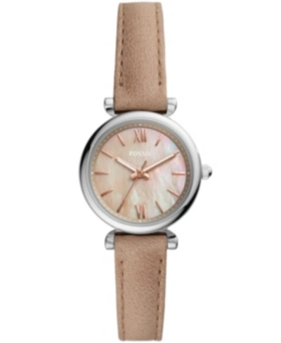 Fossil Women's Mini Carlie Silver Tone Case With Sand Leather Strap In Brown/brown Mother Of Pearl