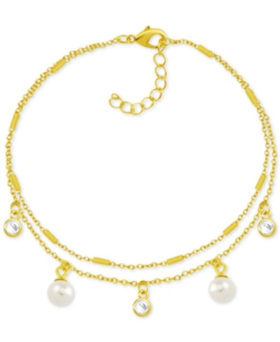 Essentials Imitation Pearl & Crystal Two-row Silver Plate Anklet In Gold