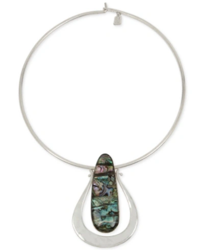Robert Lee Morris Soho Silver-tone Oval Stone 16-1/2" Wire Collar Pendant Necklace In Abalone