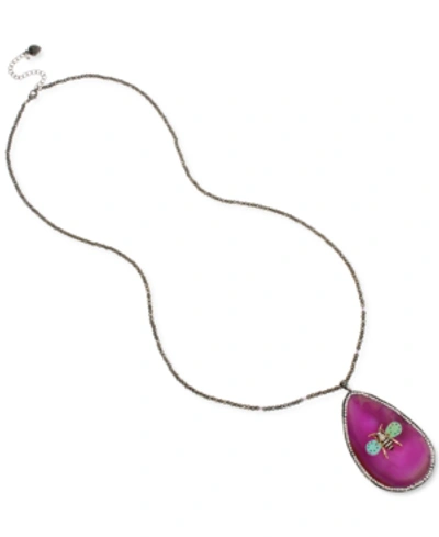 Betsey Johnson Hematite-tone Pave & Stone Bee Beaded Pendant Necklace, 32" + 3" Extender In Pink