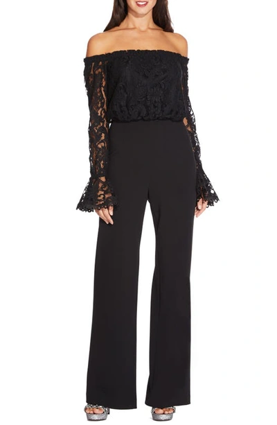 Adrianna Papell Petite Lace Off-the-shoulder Jumpsuit In Black