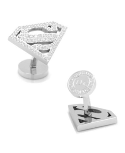 Cufflinks, Inc Stainless Steel White Pave Crystal Superman Cufflinks In Silver