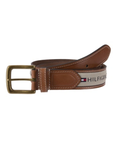 Tommy Hilfiger Men's Tri-color Ribbon Inlay Leather Belt In Khaki