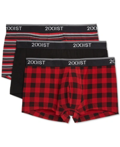 2(x)ist Men's Cotton Stretch 3 Pack No-show Trunk In Buffalo/black/red Stripe