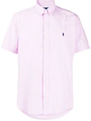 Polo Ralph Lauren Seersucker Player Logo Stripe Short Sleeve Shirt Button Down Custom Regular Fit In Rose/white In French Navy Deco Swimmers
