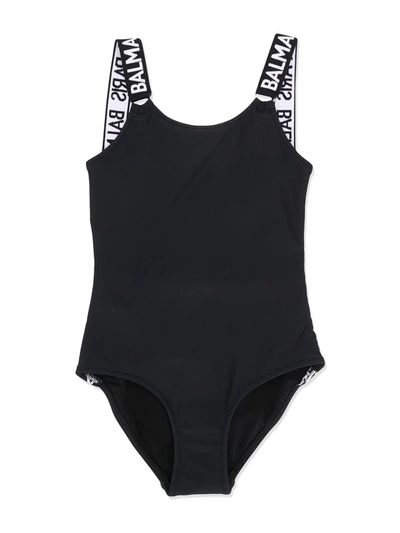 Balmain Kids' Lycra One Piece Swimsuit W/ Logo Bands In Black