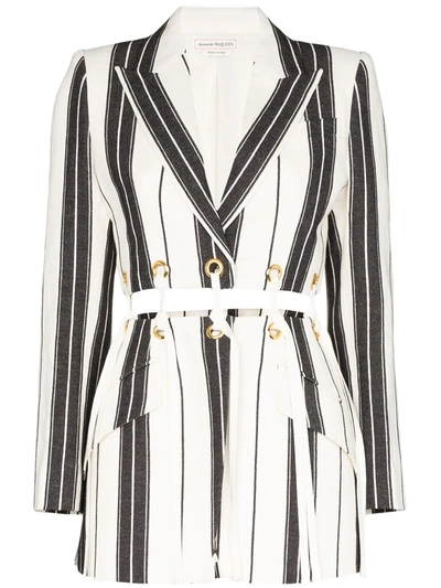 Alexander Mcqueen Striped Cotton & Linen Jacket W/ Eyelets In Ivory