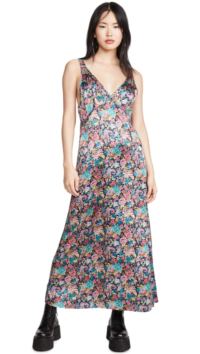 R13 Long Slip Dress With Side Stripe In Multicolor Floral With Leopard