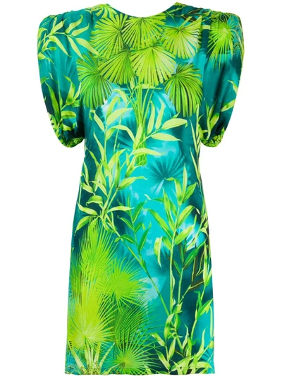 Versace Mini Ruched Sleeve Palm Dress In Green