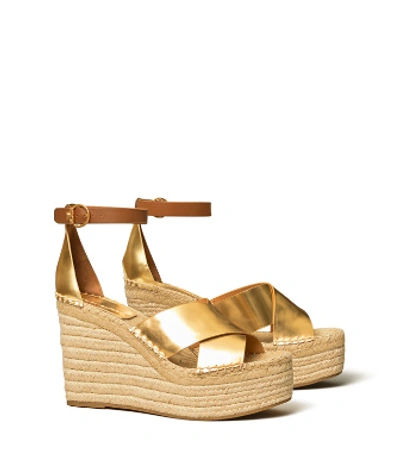 Tory Burch Selby Metallic Wedge Espadrille Sandal In Old Gold/ambra