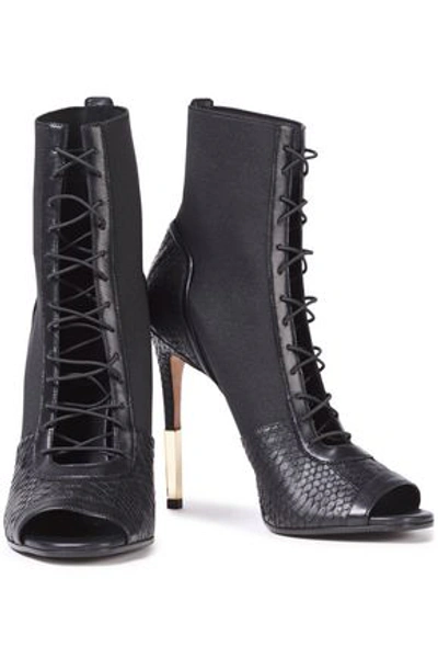 Balmain Lace-up Watersnake And Stretch-knit Ankle Boots In Black