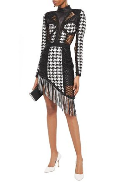 Balmain Fringed Embellished Open Knit And Woven Leather Mini Dress In Black