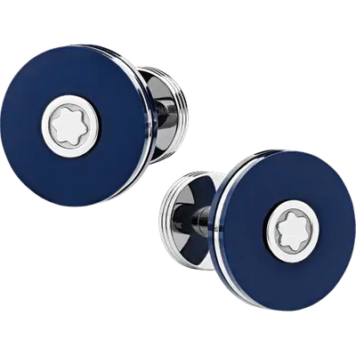 Montblanc Cufflinks, Round In Stainless Steel With Blue Resin