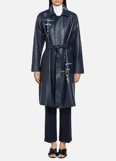 St John Engineered Lined Lattice Leather Trench Coat In Navy Cream