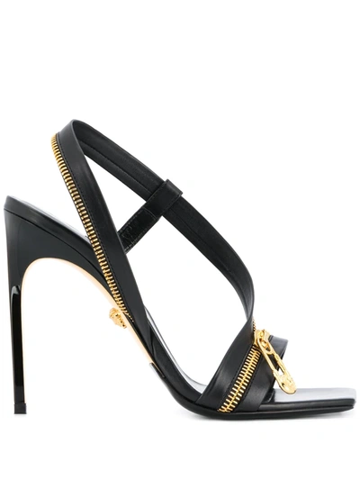 Versace Safety Pin Zipper Leather Slingback Sandals In Black