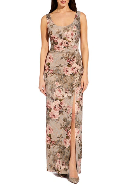 Adrianna Papell Women's Metallic Floral-print Column Gown In Slate,blush Floral
