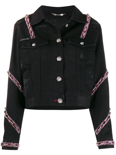 Philipp Plein Embellished-trim Denim Jacket In Black