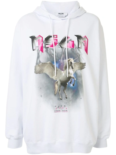 Msgm Unicorn Print Hooded Sweatshirt In White