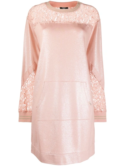 Liu •jo Lace-yoke Metallic Sweatshirt Dress In Pink