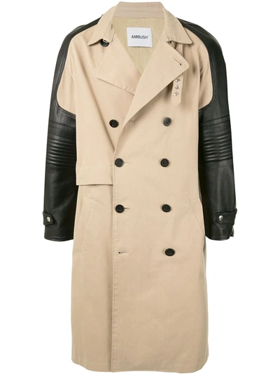Ambush Contrast-sleeve Trench Coat In Brown