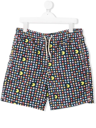 Mc2 Saint Barth Teen Pacman Print Drawstring Swim Shorts In Blue