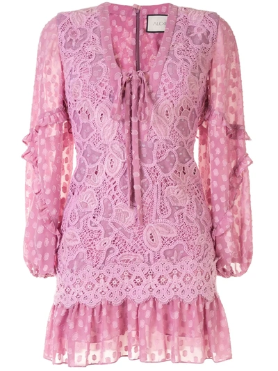 Alexis Malicha Mixed Lace Long-sleeve Mini Dress In Lilac Macrame