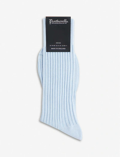 Pantherella Mens Sky Blue Striped Ribbed Cotton Blend Socks
