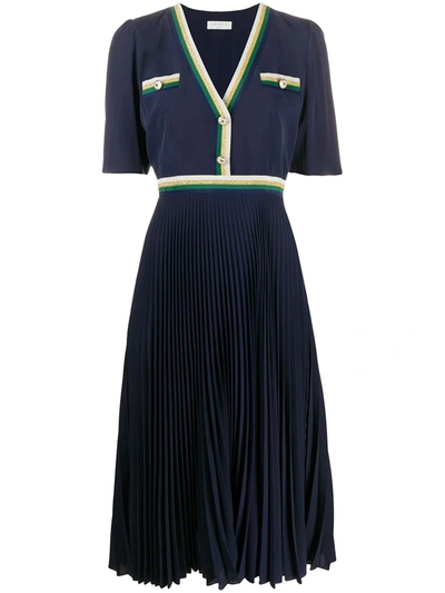 Sandro Cruise Button-embellished Faille And Crepe De Chine Midi Dress In Navy Blue