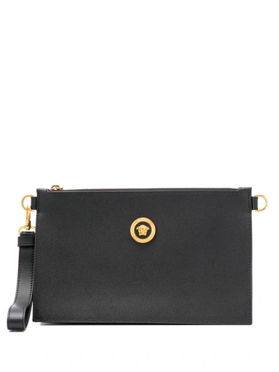 Versace Tribute Gold Medusa Clutch In Black