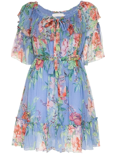 Zimmermann Prima Frilled Floral Silk Mini Dress In Blue