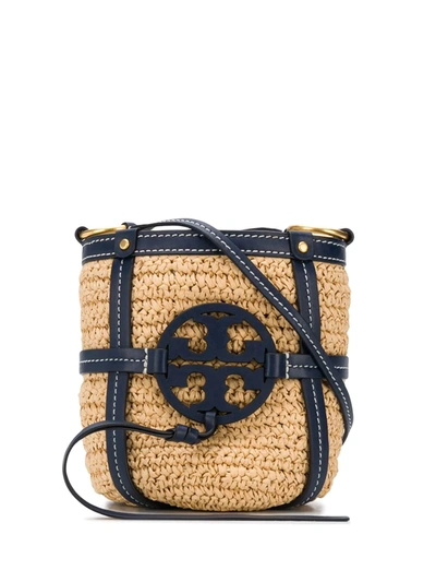 Tory Burch Miller Straw Mini Bucket Bag In Natural/royal Navy