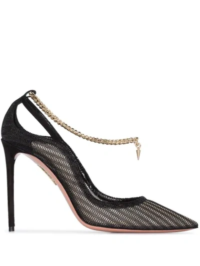 Aquazzura Bond Street 105 Chain-embellished Suede And Mesh Pumps In Black