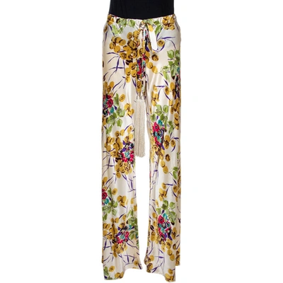 Pre-owned Roberto Cavalli Cream Floral Shimmer Print Silk Flared Pants M