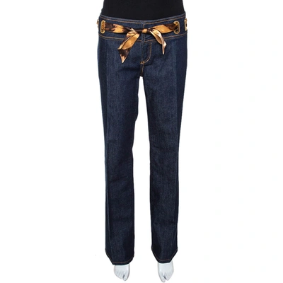Pre-owned Roberto Cavalli Indigo Denim & Silk Waist Trim Straight Leg Jeans L In Navy Blue