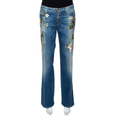Pre-owned Roberto Cavalli Blue Floral Embroidered Denim Flared Jeans L