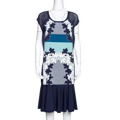 Pre-owned Diane Von Furstenberg Admiral Navy & Ivory Intarsia Knit Jalen Dress L In Blue